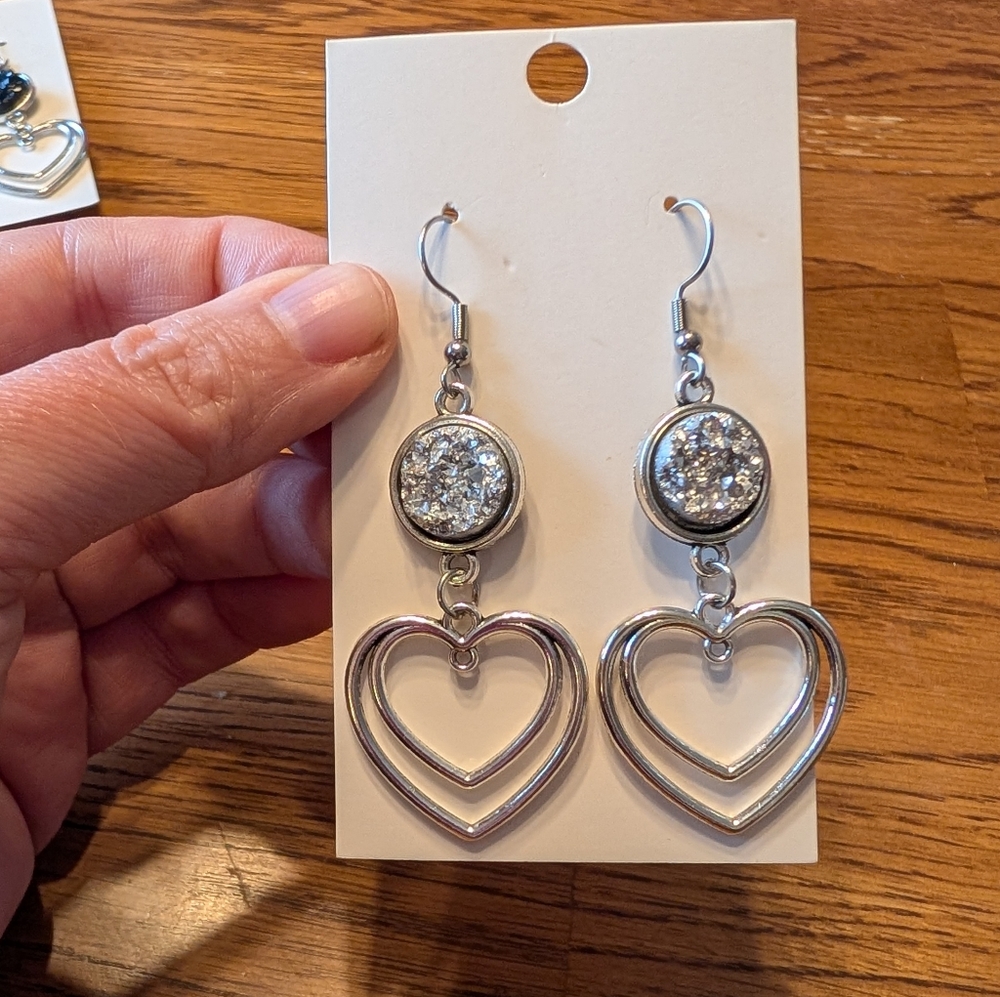 Silver Heart Drop Earrings - Picture 2 of 2
